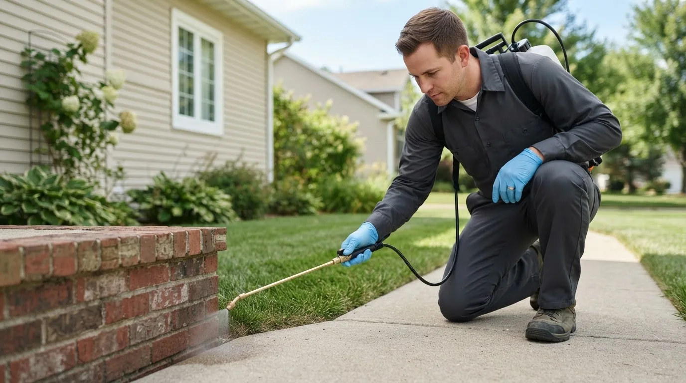 Pest control technician treating a home near Delton, MI