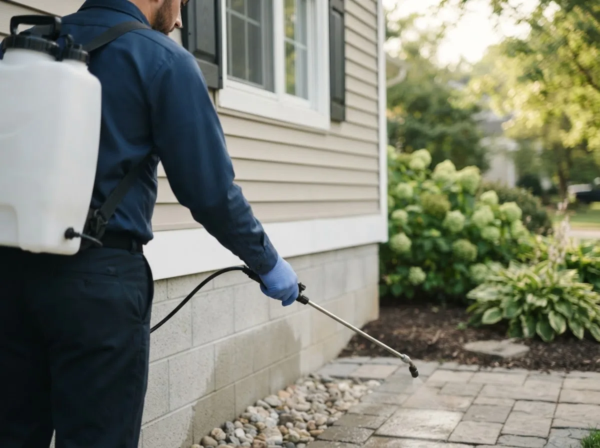 Pest control technician inspecting a home in Delton, MI